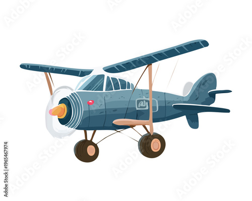 Biplane aircraft with dual wings and front propeller flying low for airshow performances and historical flight reenactments in a stylized cartoon look