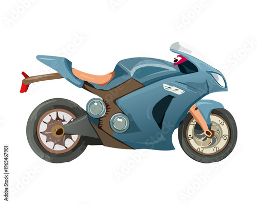 Blue modern sports motorcycle parked on a grey surface showing detailed engine parts and sleek aerodynamic fairings for racing and speed enthusiasts