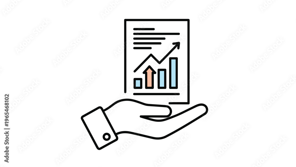 Obraz premium Business growth icon showing a hand holding a data report with a bar graph and an arrow pointing upwards for financial success.