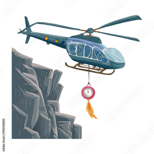 Mountain rescue mission with a helicopter hovering over a steep canyon to perform a technical rope rescue during a sunny day