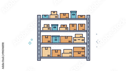 Organized warehouse storage shelf illustration with multiple levels filled with various cardboard boxes and blue supply bins.