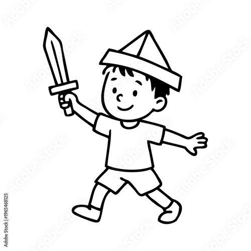 Dibujo sencillo con líneas de un niño jugando a los piratas con un gorro de papel y una espada de madera 