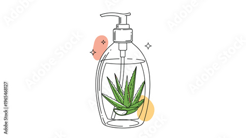 Stylized drawing of a clear pump bottle containing fresh aloe vera leaves for natural cosmetic and skincare product concepts.