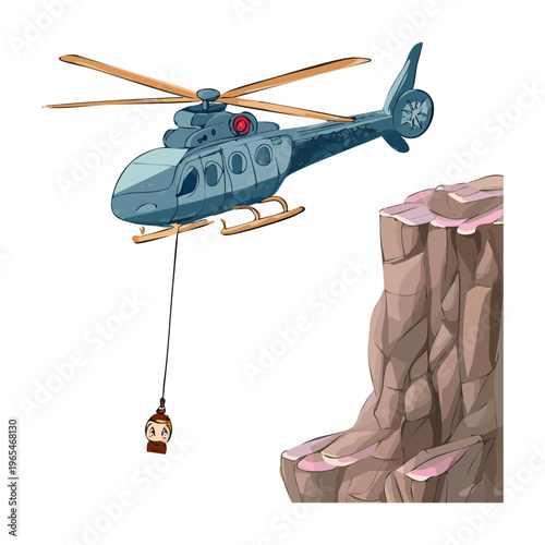Tactical helicopter performing a winch operation over a deep mountain gorge for specialized rescue and transport tasks in a rocky environment