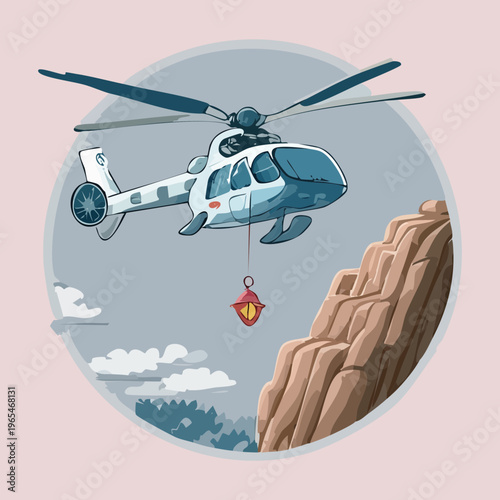 Civilian helicopter assisting in a mountain rescue by lowering equipment via a cable near a vertical rock face in a circular frame