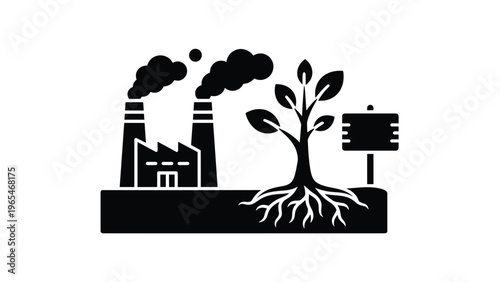 Black silhouette of an industrial factory positioned next to a living tree with visible roots for environmental impact themes.