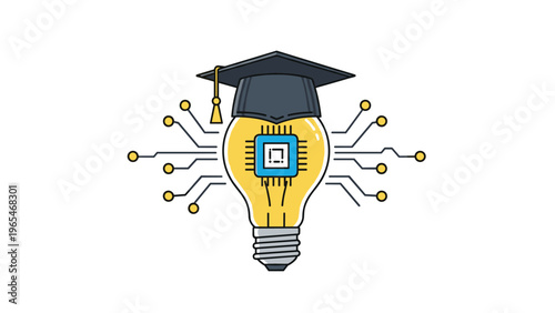 Creative concept of a light bulb wearing a graduation cap with an internal computer chip and circuits for intelligent learning.