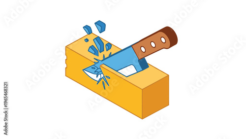 Isometric illustration of a blue hand plane tool carving a block of yellow wood with small chips flying off during the process.
