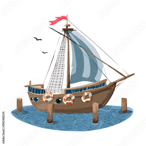 Classic sailing boat with a wooden hull and blue sails near a shoreline for recreational sailing and coastal tourism marketing and advertisements