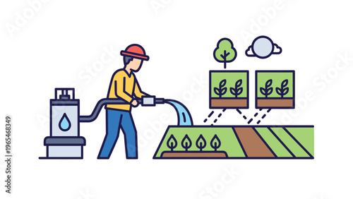 Agricultural scene showing a farmer using a sprayer to water a field with sun and cloud icons representing weather conditions.