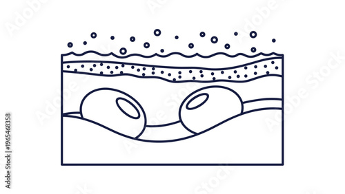 Geologic cross section drawing showing bubbles and round objects buried deep within layers of the earth for science and research.