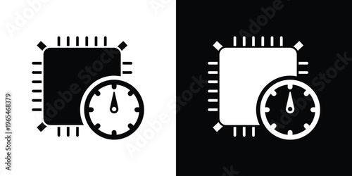 Outline vector icon of a microprocessor with a speedometer. Represents system monitoring, CPU clock speed, and performance tracking. Clean line art for technical diagrams and dashboard UI.