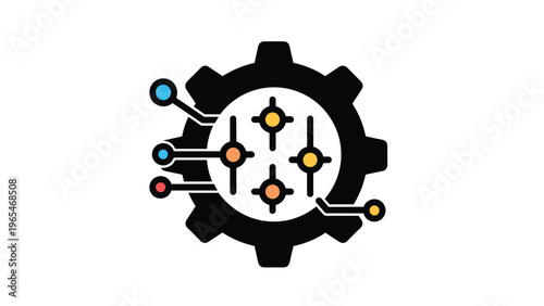 Technical gear icon with interconnected colored nodes representing digital system integration and mechanical process optimization.