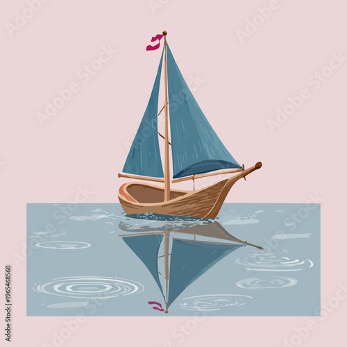 Classic sailing boat with blue sails and wooden hull reflected in calm pink waters during a serene sunrise for travel agency graphics