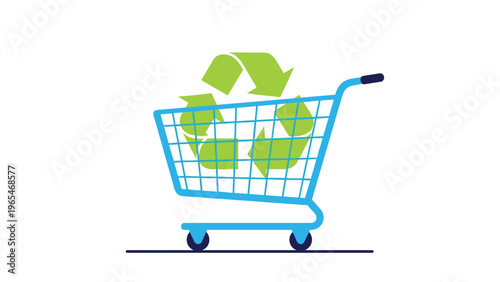 Blue shopping cart with a green recycle logo representing sustainable consumerism and eco conscious retail habits for a better planet.