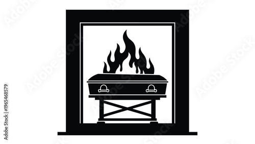 Black and white symbolic icon of a coffin being cremated in a furnace representing funerary services and the process of cremation.