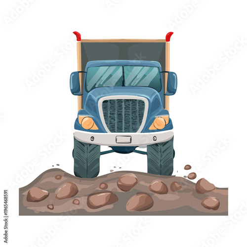 Powerful blue semi truck driving over rough rocky terrain and mud for industrial transport and heavy machinery logistics company marketing graphics