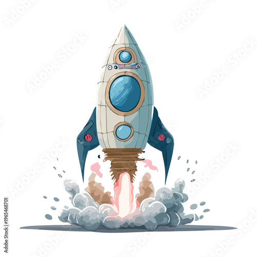 Space rocket taking off with powerful flames and smoke clouds for educational science materials and space travel adventure stories for children