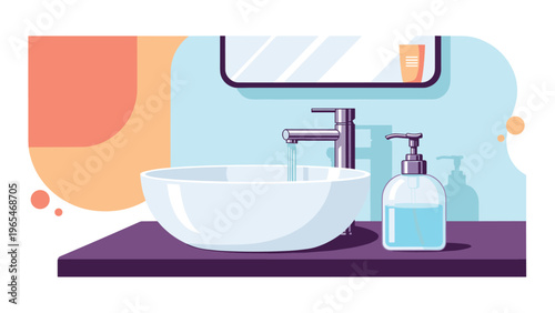 Modern bathroom sink with running water from a tap and a bottle of liquid soap for promoting hygiene and hand washing habits.