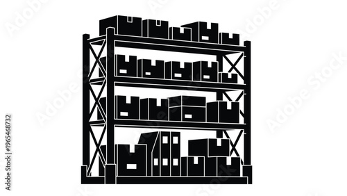 Industrial warehouse shelving unit filled with cardboard boxes in silhouette representing inventory storage and logistics operations.