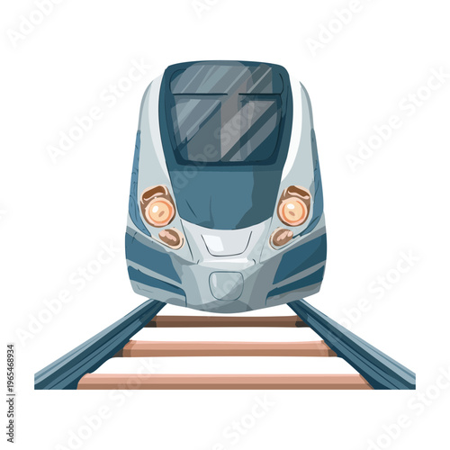 Symmetric front view of a high speed train on a railway track for modern transit systems and rail engineering marketing materials