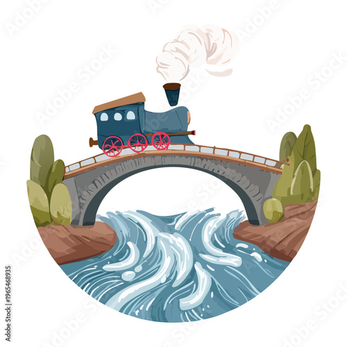 Historical steam train crossing a stone bridge over a rushing river for nature tourism and railway heritage storytelling in a circle
