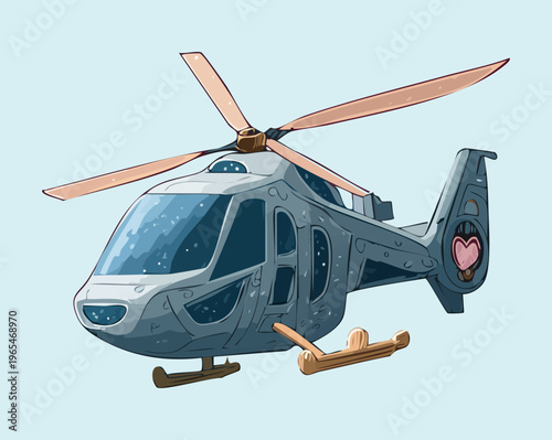 Sleek grey helicopter flying horizontally with detailed mechanical parts for corporate travel and rapid executive transport visuals and icons
