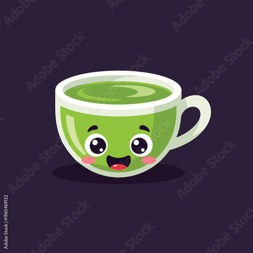Adorable illustration features a smiling teacup with big eyes and rosy cheeks. The cup is filled with green liquid, placed on a dark purple background