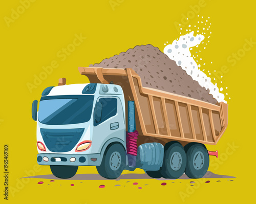 Professional construction dump truck on bright yellow background for industrial logistics and earthmoving operations in civil engineering and building development