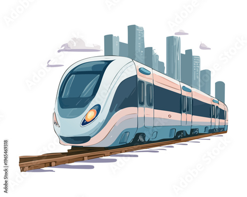 High speed passenger train traveling through a modern city with skyscrapers for efficient urban mass transit and professional railway transportation services