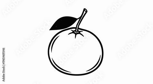 A simple, graphic illustration of an orange with a leaf and stem