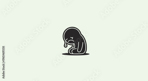 A simple, bold black graphic of a sad, crying, blob-like figure sits on a light background