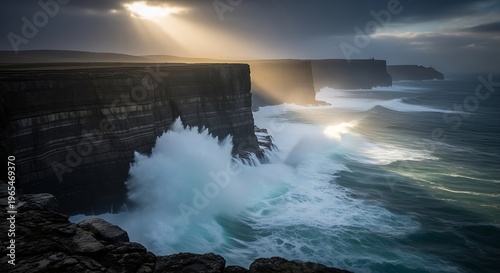Dramatic Crashing Ocean Waves Against Towering Coastal Cliffs Under Golden Sunset Light