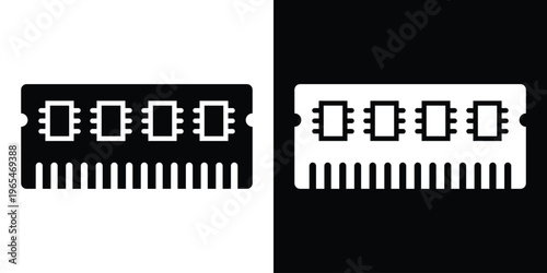 Flat vector icon of a computer RAM memory stick. Hardware component symbol for data storage, PC upgrade, and digital technology. Minimalist black and white design for tech apps and web UI.