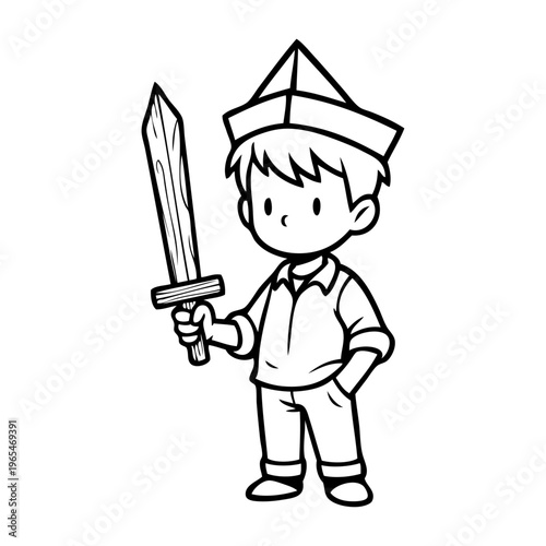 Dibujo sencillo con líneas de un niño jugando a los piratas con un gorro de papel y una espada de madera 