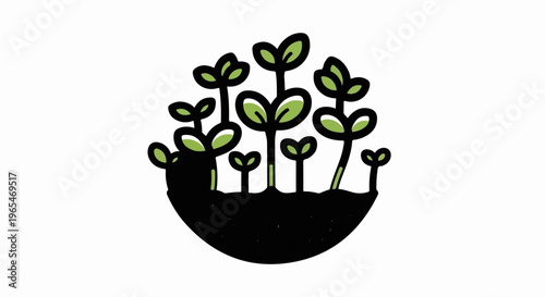 A cluster of stylized green sprouts emerges from dark soil