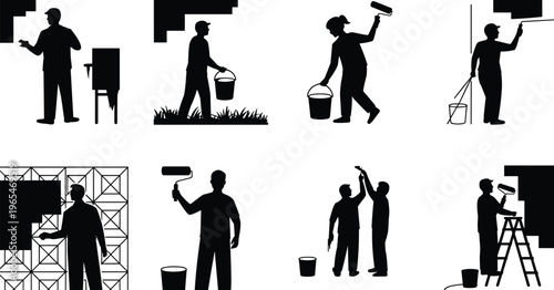 Painter worker silhouettes set with roller brush bucket ladder wall painting construction labor black figures vector illustration collection isolated