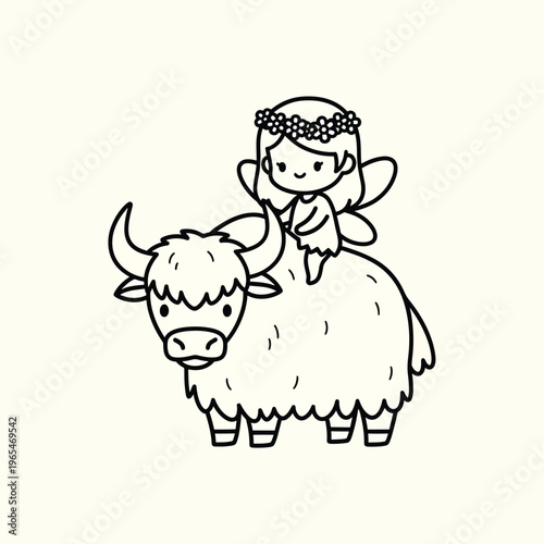 A whimsical illustration depicts a smiling fairy atop a shaggy animal. The fairy wears a flower crown. Both are outlined in black