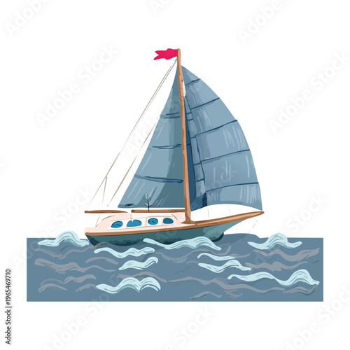 Side view of a traditional sailing yacht on ocean waves for nautical sports and maritime leisure travel featuring detailed wooden hull and sails