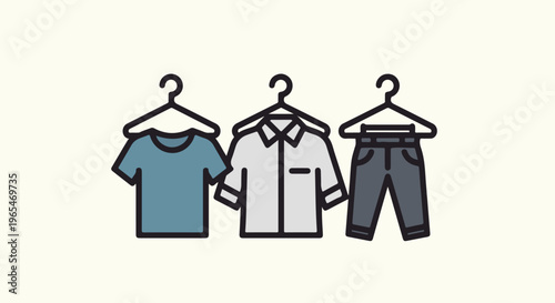 Three pieces of clothing on hangers t-shirt, button-down shirt, jeans