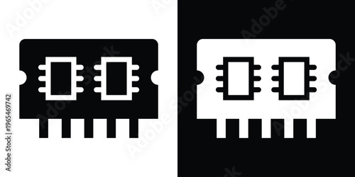 Flat vector icon of a computer RAM memory stick. Hardware component symbol for data storage, PC upgrade, and digital technology. Minimalist black and white design for tech apps and web UI.