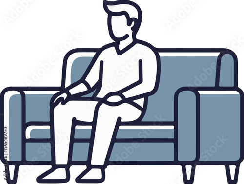 A person sits relaxed on a simple blue couch in this illustration