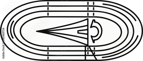 Top view of a running track with lanes and a starting block