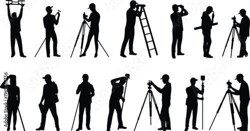 Surveyor engineer silhouettes set with tripod theodolite measuring equipment construction professionals black figures vector illustration collection isolated poses