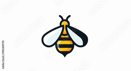A simple, stylized illustration of a bee with black and yellow stripes and white wings