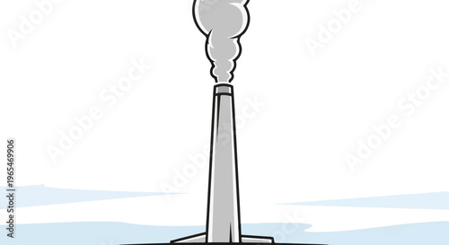 A tall, grey industrial chimney emits a plume of grey smoke against a white background