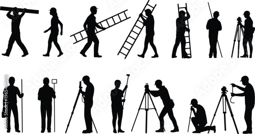 Surveyor worker silhouettes with ladder tripod equipment measuring construction site engineering people vector illustration set isolated professional activities collection