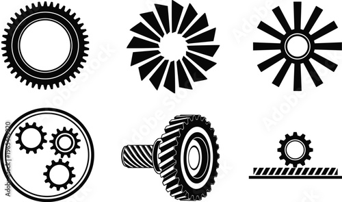 Vector illustration set of industrial gear wheels mechanical engine parts cogwheel systems and machine components for engineering manufacturing technical design and industrial equipment icons
