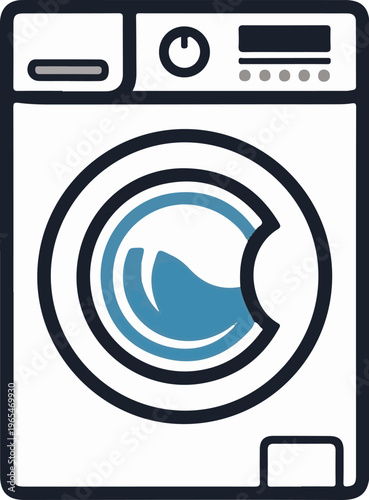 A stylized front view of a white washing machine with a blue water swirl
