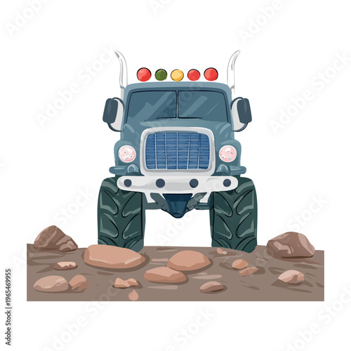 Heavy duty truck on rocky terrain for off road industrial logistics and construction site transport featuring massive tires and powerful engine design